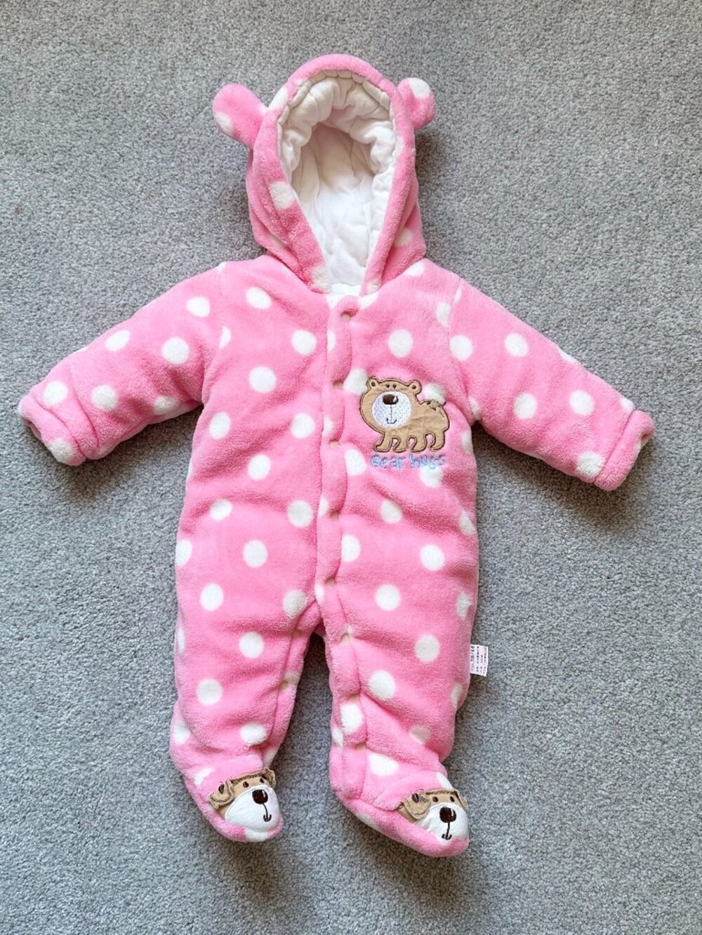 Baby Plush Pink Polka Dot Fleece Snowsuit with a bear size around 3 months